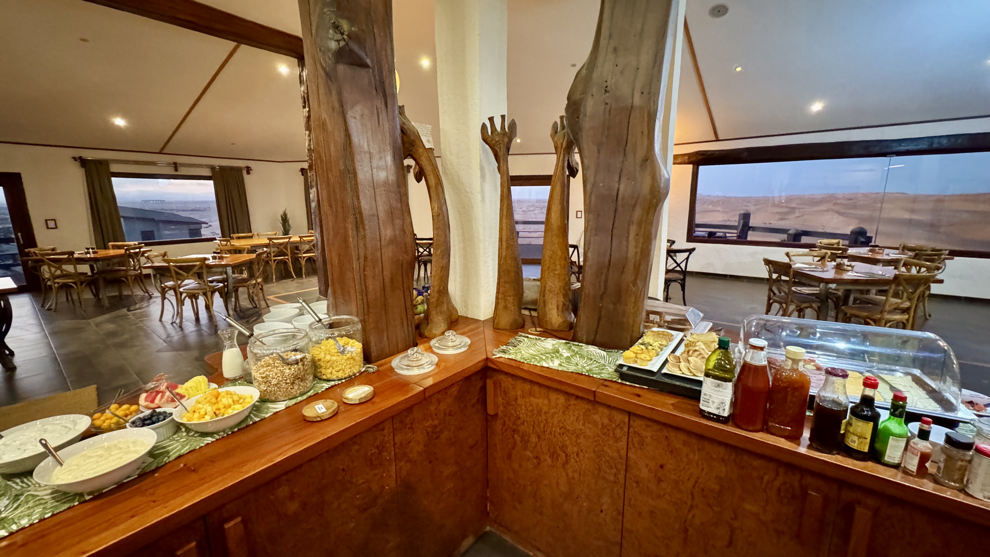 Breakfast buffet in the Desert Breeze dining room overlooking the Namib dunes